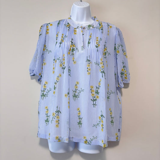 Nautica Jeans Women's Medium Blue Stripe Floral Cotton Sailor Popover Top NWT