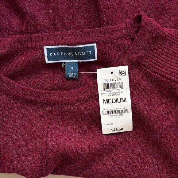 Karen Scott Women's Burgundy Seam Front Knit Crewneck Sweater NWT
