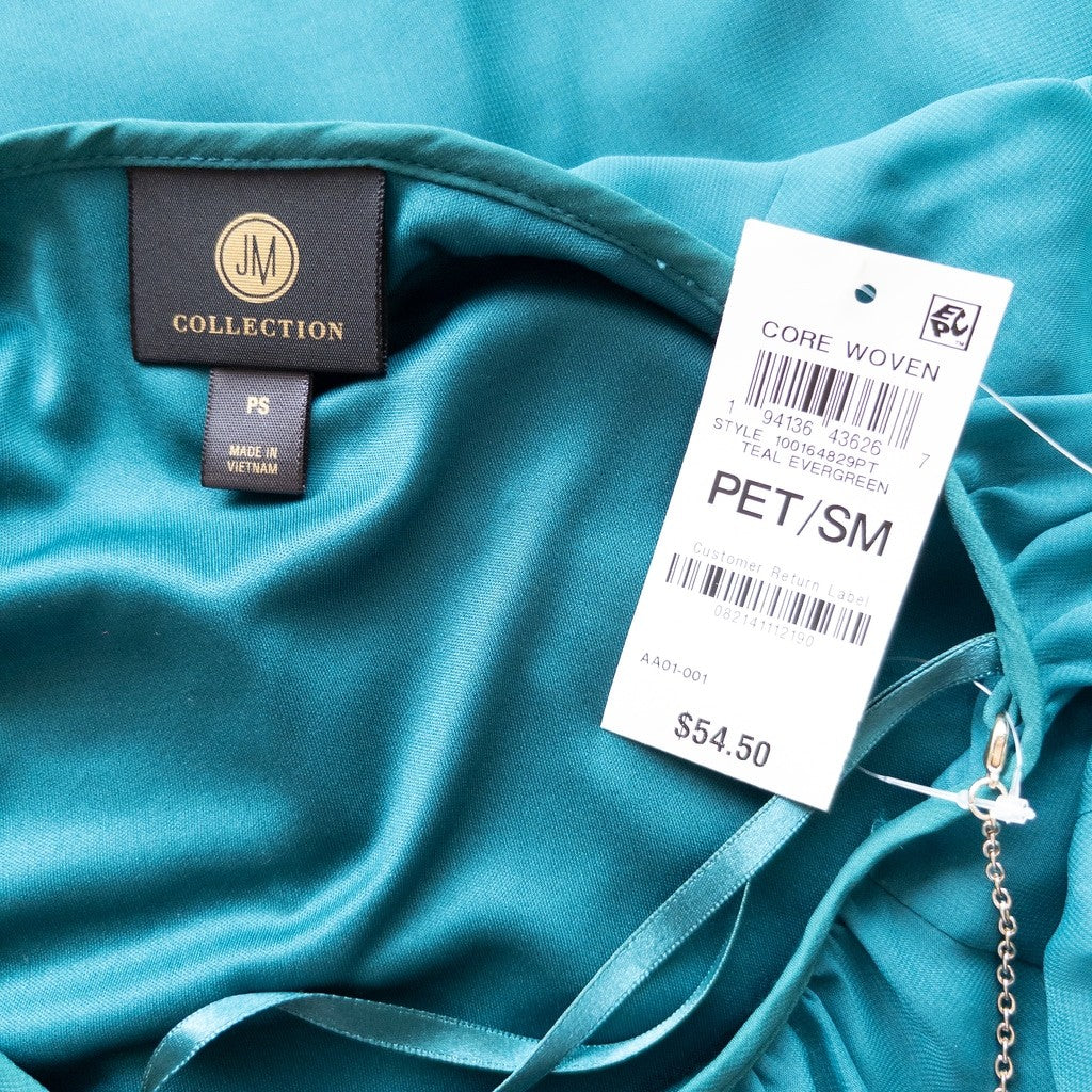 JM Collection Small Petite Teal Chiffon Long Tier-Sleeve Necklace Blouse NWT