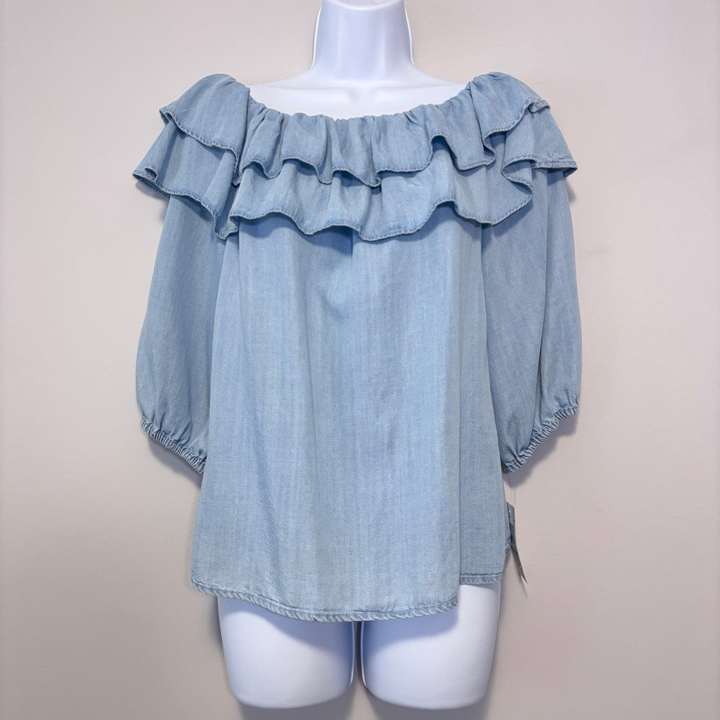 Sam & Jess Size Large Petite Off-The-Shoulder 3/4-Sleeves Double-Ruffle Top NWT