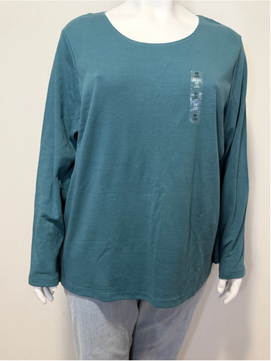 Karen Scott Plus Size 3X Teal 100% Cotton Long Sleeve Top / T-Shirt NWT