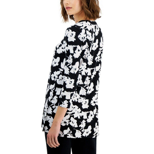 Alfani Women's Black & White Printed 3/4-Sleeve V-Neck Tunic Top NWT