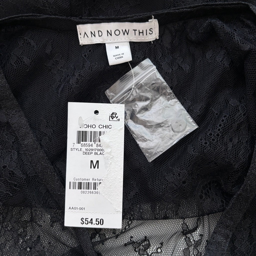 And Now This Women's Medium Black Lace V-Neck Button-Front Cropped Top NWT