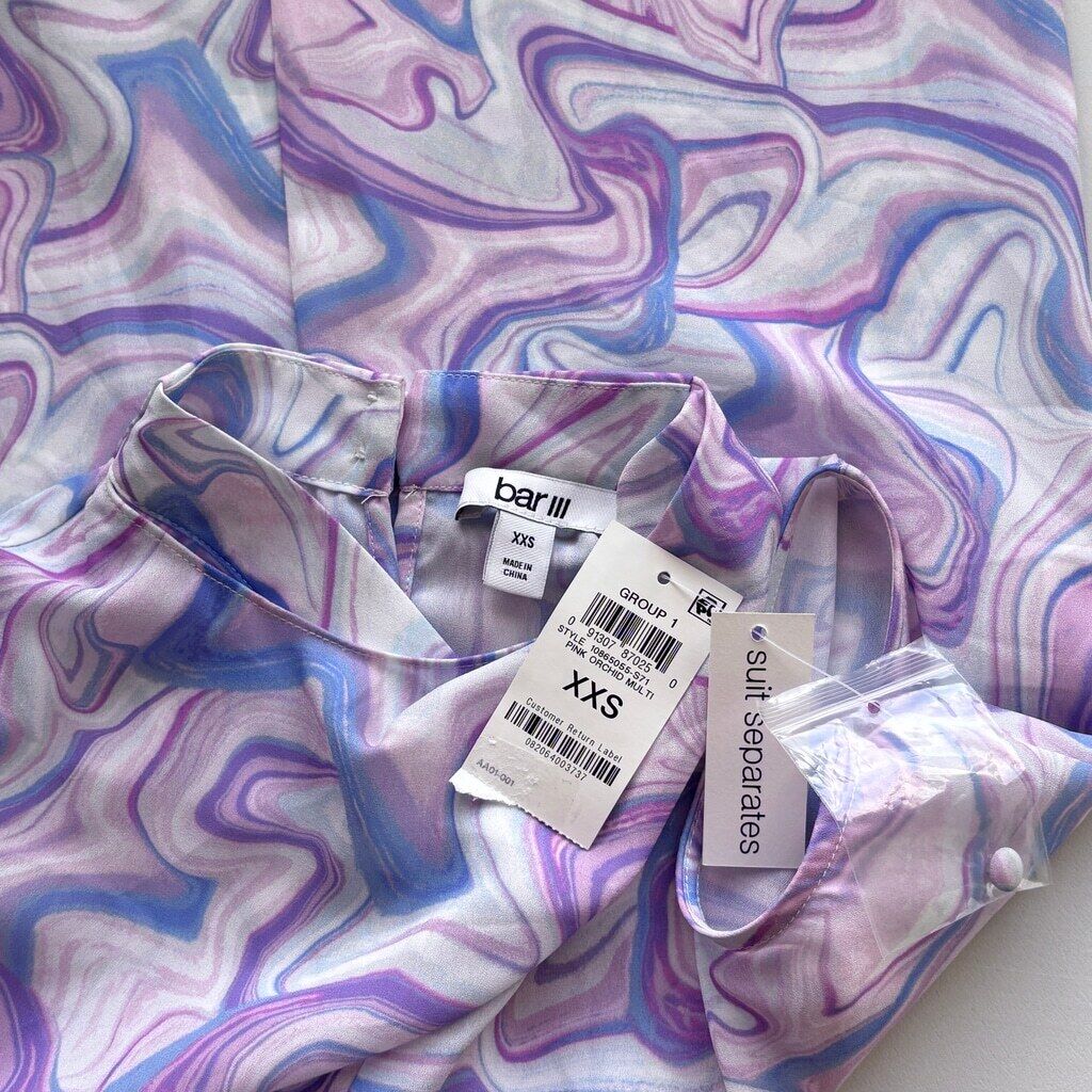 Bar III Women's XXS Purple & White Marble Print Cowl Neck Sleeveless Blouse NWT