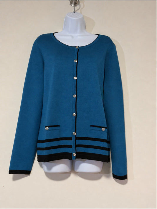 Karen Scott Size Large Blue Teal w/ Black Trim Button Front Cardigan Sweater NWT