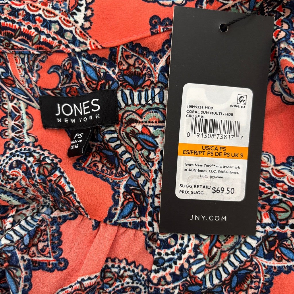 Jones New York Women's Petite Coral Printed V-Neck 3/4 Sleeve Top NWT