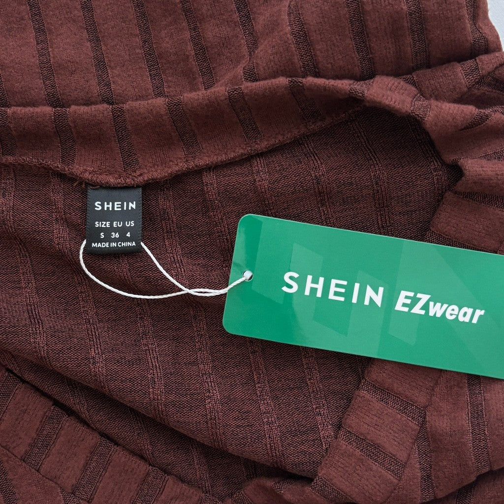 Shein EZWear Women's Size Small Brown Ribbed Long Sleeved V-Neck Top NIB