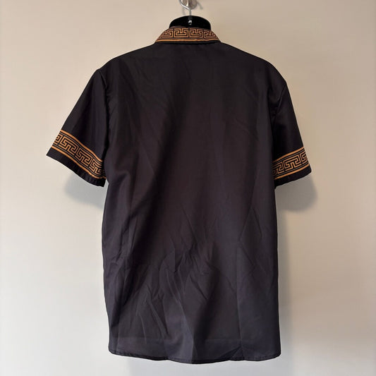 SHEIN Men's Size Large Black King Embroidery Button Short Sleeve Shirt NIB