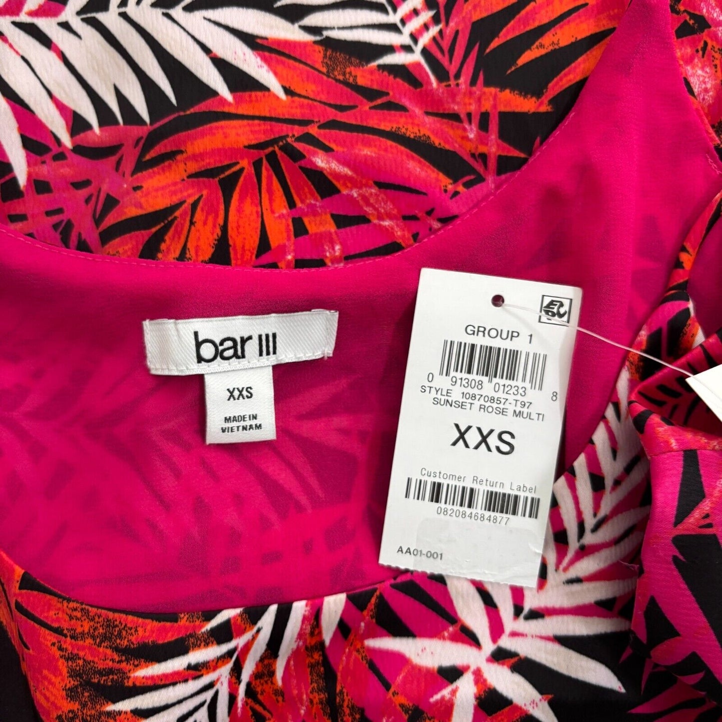Bar III Women's Black and Pink Leaf-Print Scoop-Neck Satin Cami Top NWT