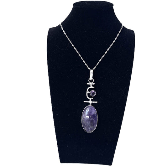 Natural Purple Amethyst and 925 Silver Plated Pendant - 2.7" Long - NWT