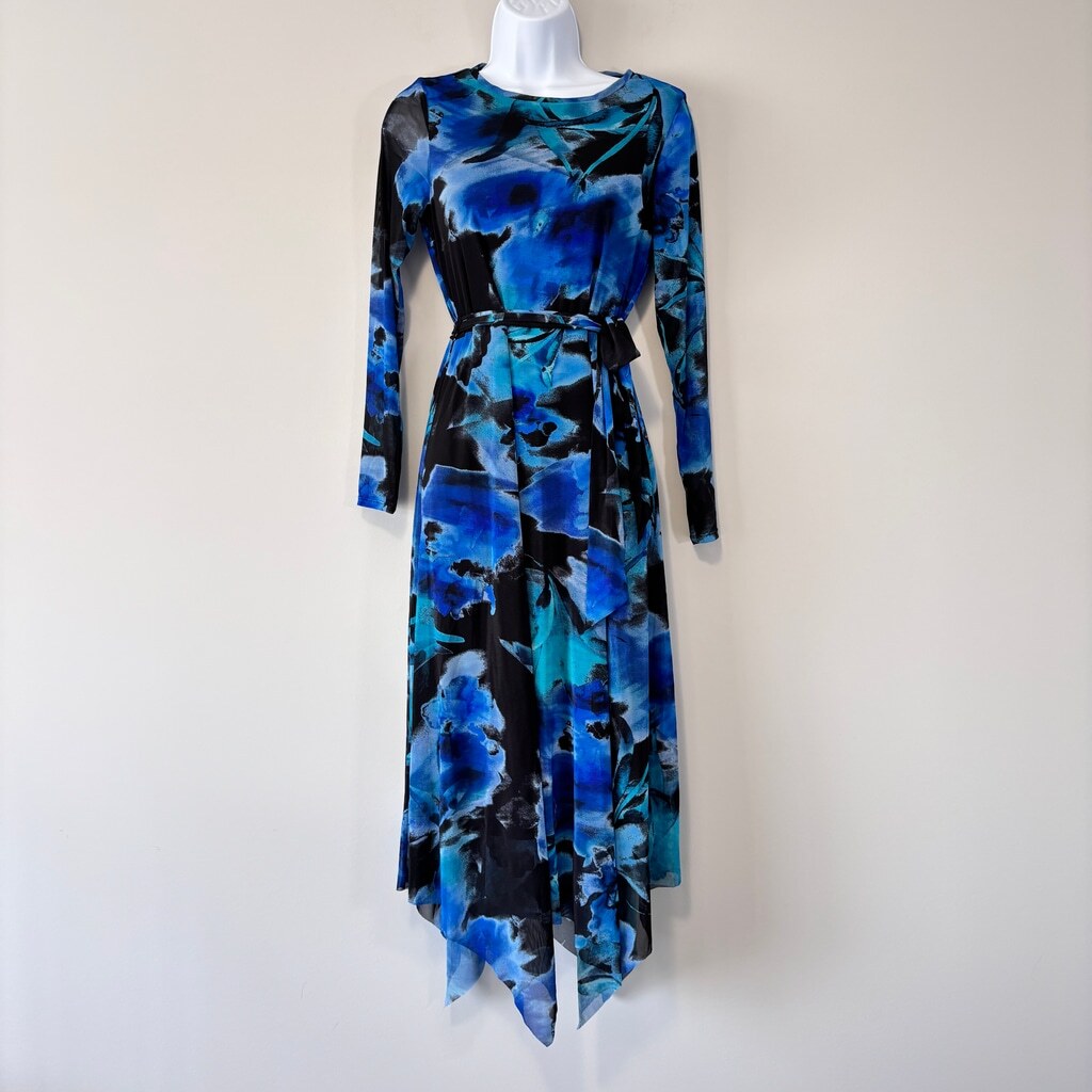 Anne Klein Women's Small Petite Blue Printed Handkerchief-Hem Midi Dress NWT