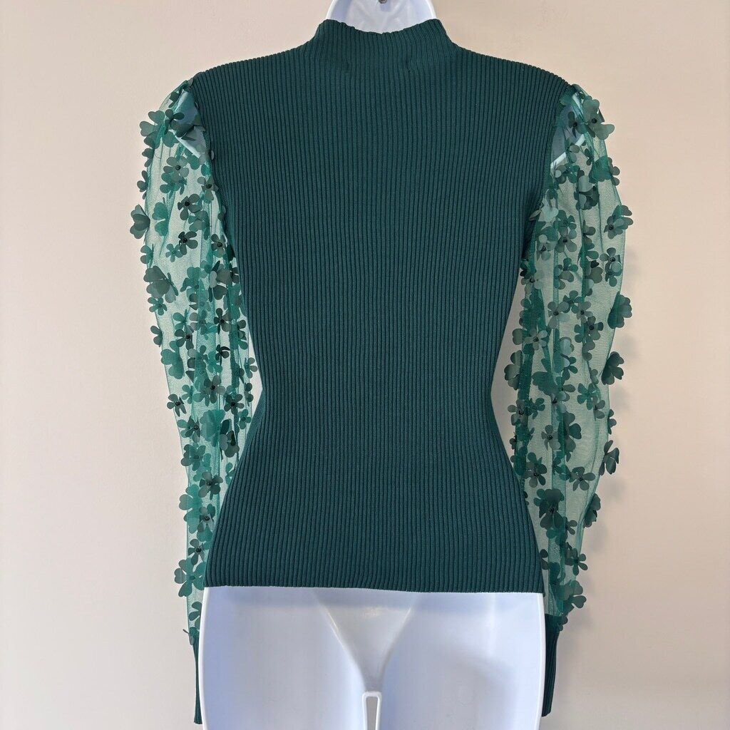 Almost Famous Size Small Green Sheer-Sleeve 3D-Flower Mock Neck Sweater NWT