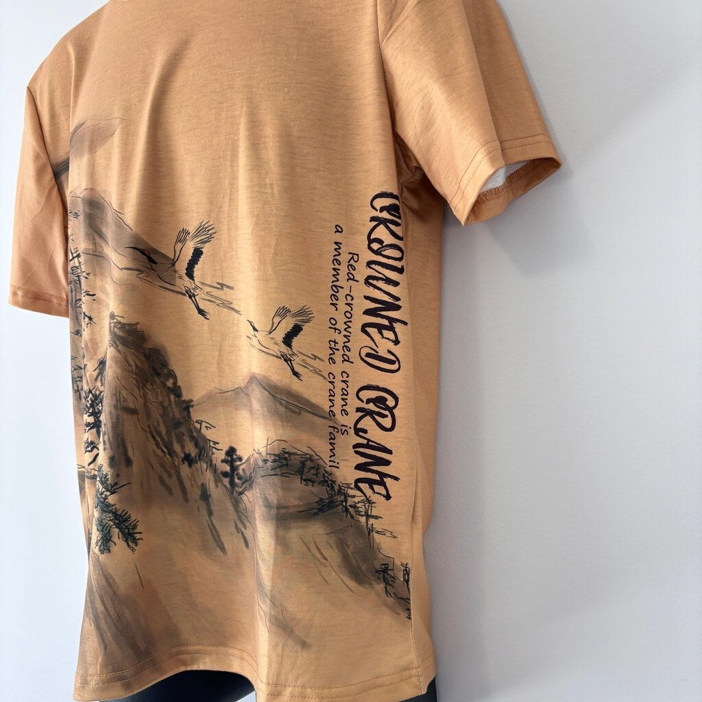 SHEIN Men's Size Small Beige and Black Mountain Graphic Short Sleeve Tee NIB