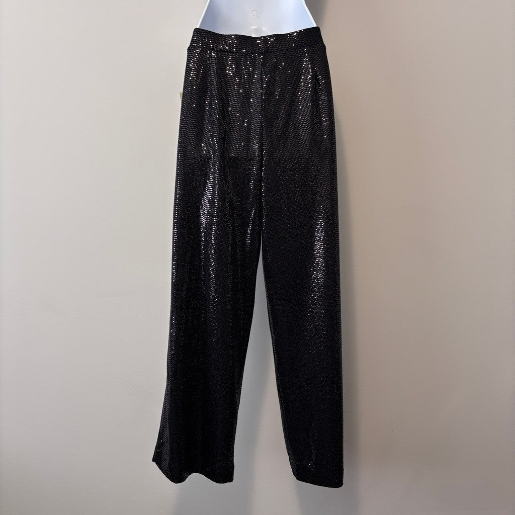 Anne Klein Medium Petite Black Shine Pull-On Mid-Rise Wide-Leg Sparkle Pants NWT