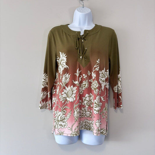 JM Collection Women's Small Petite Green Garden Lace-Up 3/4-Sleeve Tunic Top NWT