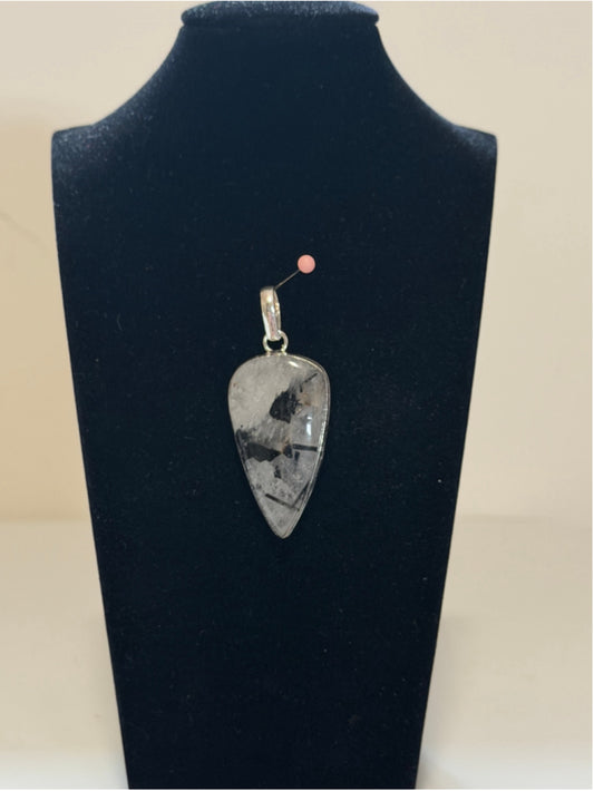 Natural Black Rutile Gemstone 925 Silver Plated Pendant 2.2 Inch Long NWT