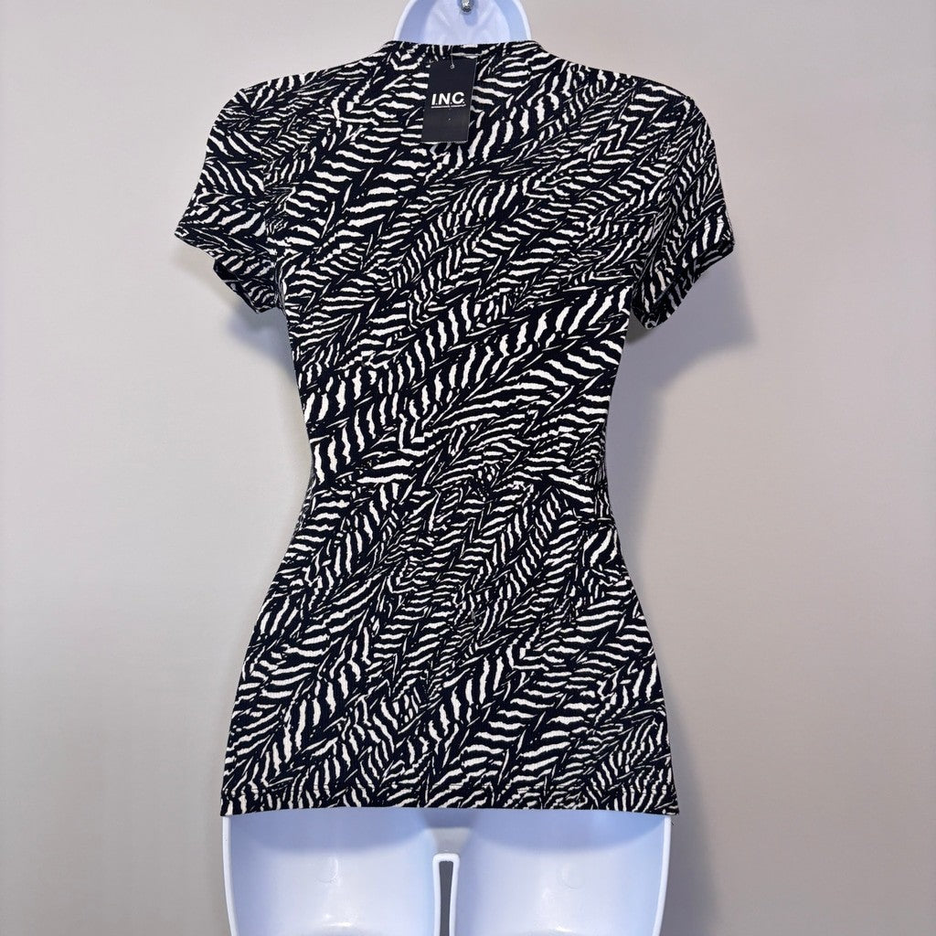 INC International Concepts Size XS Zebra Print Black White Short Sleeve Top NWT