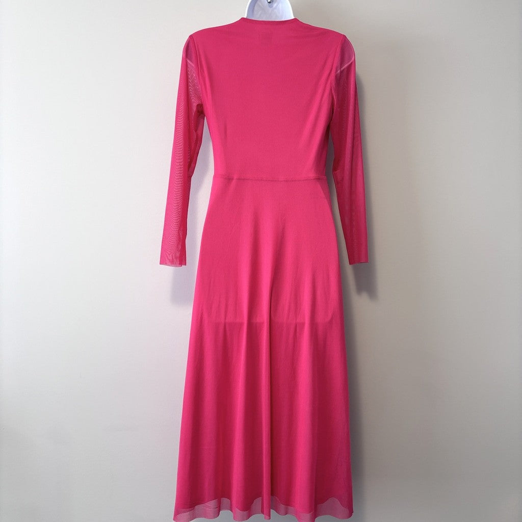 Anne Klein Women's Extra Small Pink Faux-Wrap Mesh-Sleeve Midi Dress NWT