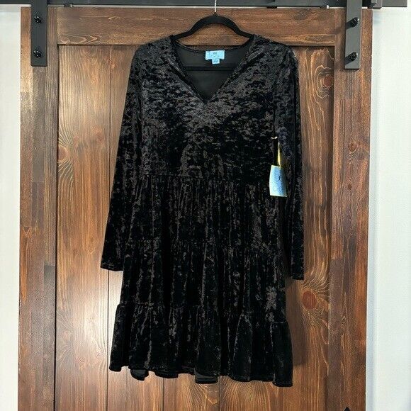 CECE Women's Small Black Crushed Velvet Tiered Long Sleeved Dress NWT