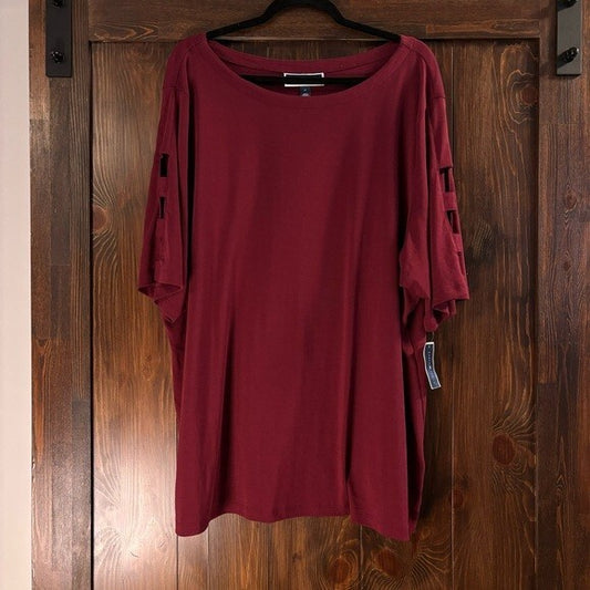 Karen Scott Plus Size 100% Cotton Wine Red Cutout-Sleeve Top NWT