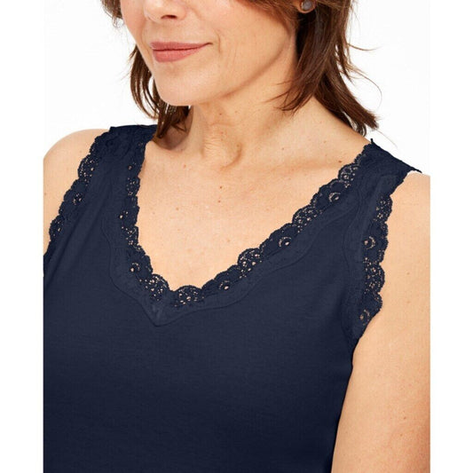 Karen Scott Petite Navy Blue Cotton Lace-Trim Tank Top NWT
