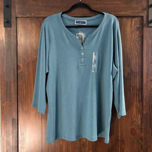 Karen Scott Plus Size Blue 3/4-Sleeve Henley Top /T-Shirt NWT.