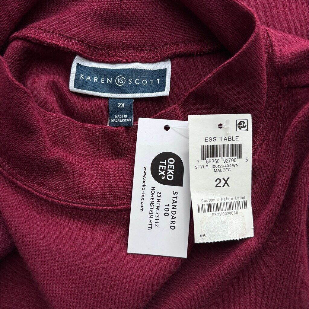 Karen Scott Plus Size 2X Burgundy 100% Cotton Mock-Neck Long Sleeve Top NWT