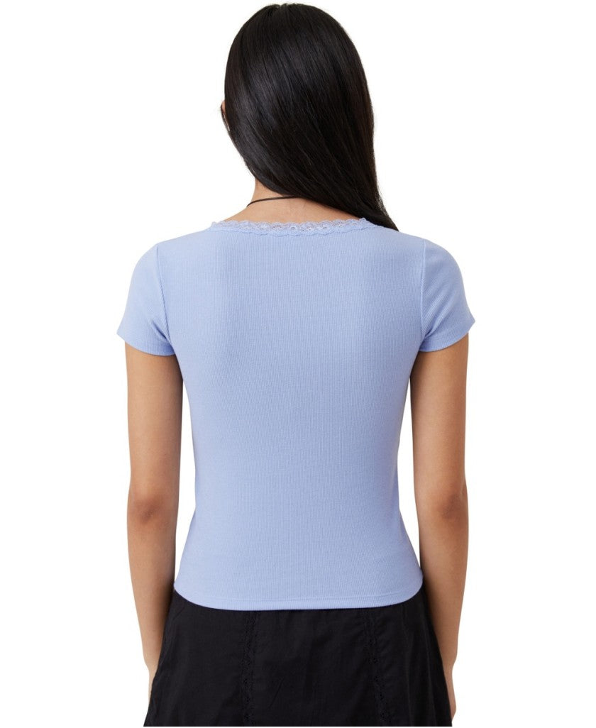 COTTON ON Women's Extra Small Periwinkle Blue Lace Trim Cropped T-shirt NWT