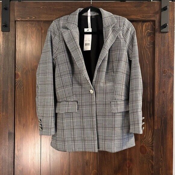 NY COLLECTION Petite Long Sleeve Ponte White and Black Plaid Suit Jacket NWT