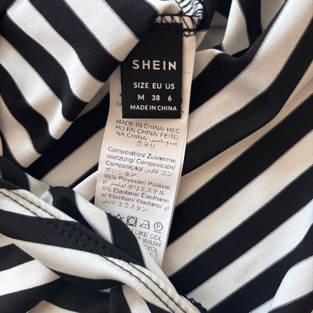 SHEIN Women's Medium Black White Striped Asymmetrical Short Sleeve Bodysuit NWT