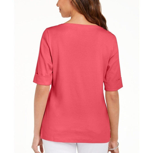 Karen Scott Women's Pink 100% Cotton Boat-Neck Top NWT