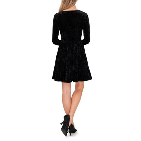 CECE Women's Small Black Crushed Velvet Tiered Long Sleeved Dress NWT