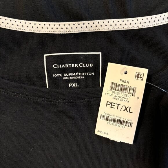 Charter Club Petite Black Pima Cotton Button-Shoulder 3/4 Sleeve Top NWT