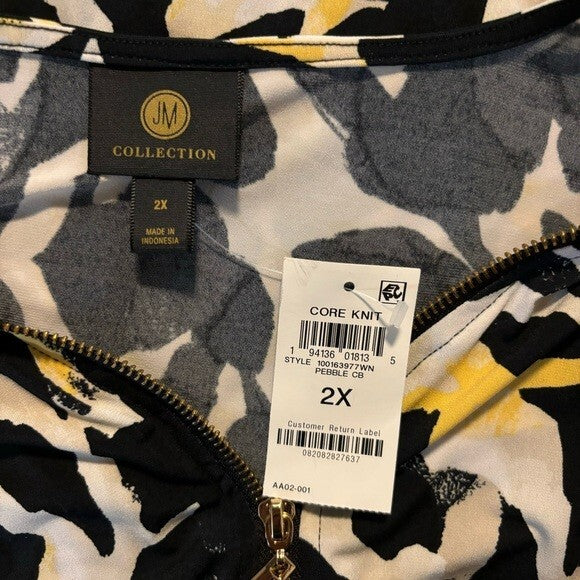 JM Collection Plus Size 2X White, Black & Yellow Printed Zip-Front Top NWT