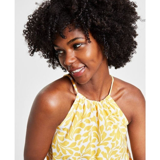 BAR III Women's Leaf-Print Yellow and White Silky Halter-Neck Sleeveless Top NWT