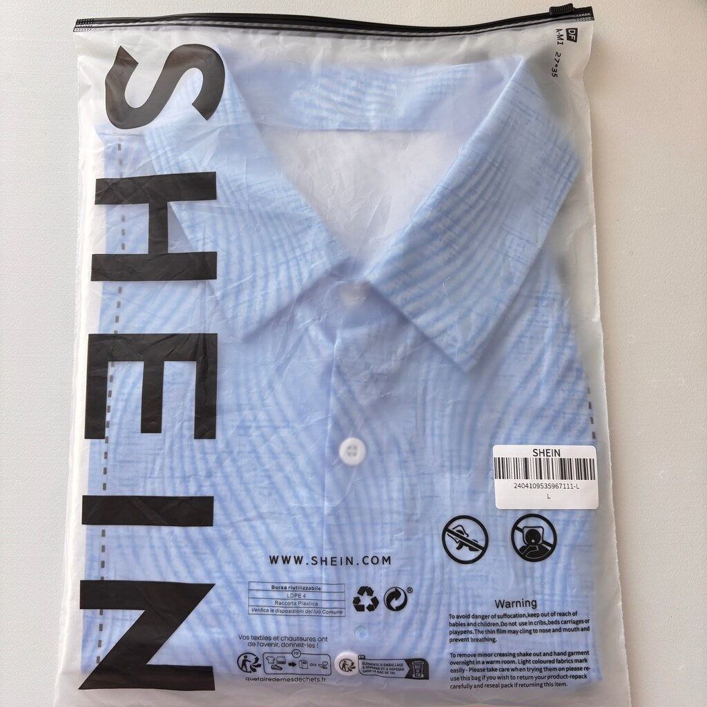 SHEIN Men's Large Blue White Striped Short Sleeve Casual Button Up Shirt NIB