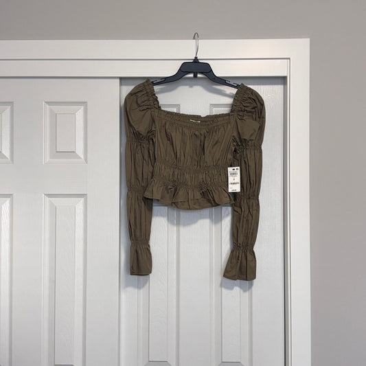 And Now This Women's Small 100% Cotton Olive Green Ruched Puff-Sleeve Top NWT