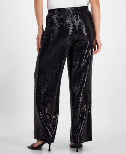 Anne Klein Medium Petite Black Shine Pull-On Mid-Rise Wide-Leg Sparkle Pants NWT
