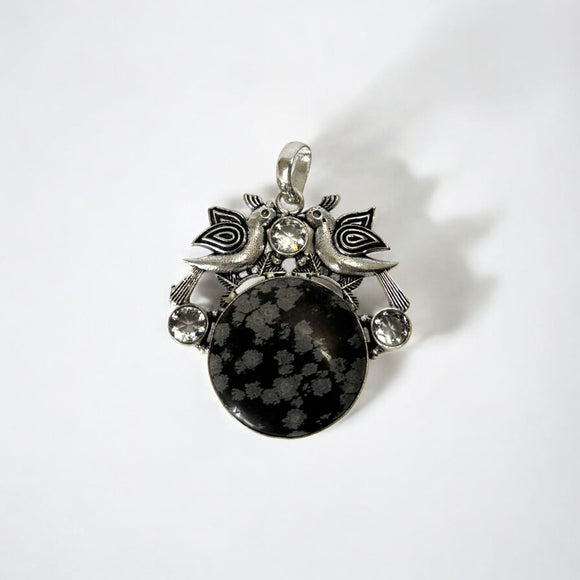 Snowflake Obsidian Crystal Necklace 925 Silver Plated Pendant Size 2" NWT