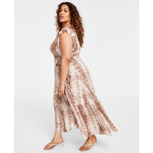 Bar III Women's Plus Size 2X Snake-Print Flutter-Sleeve Wrap Maxi Dress NWT