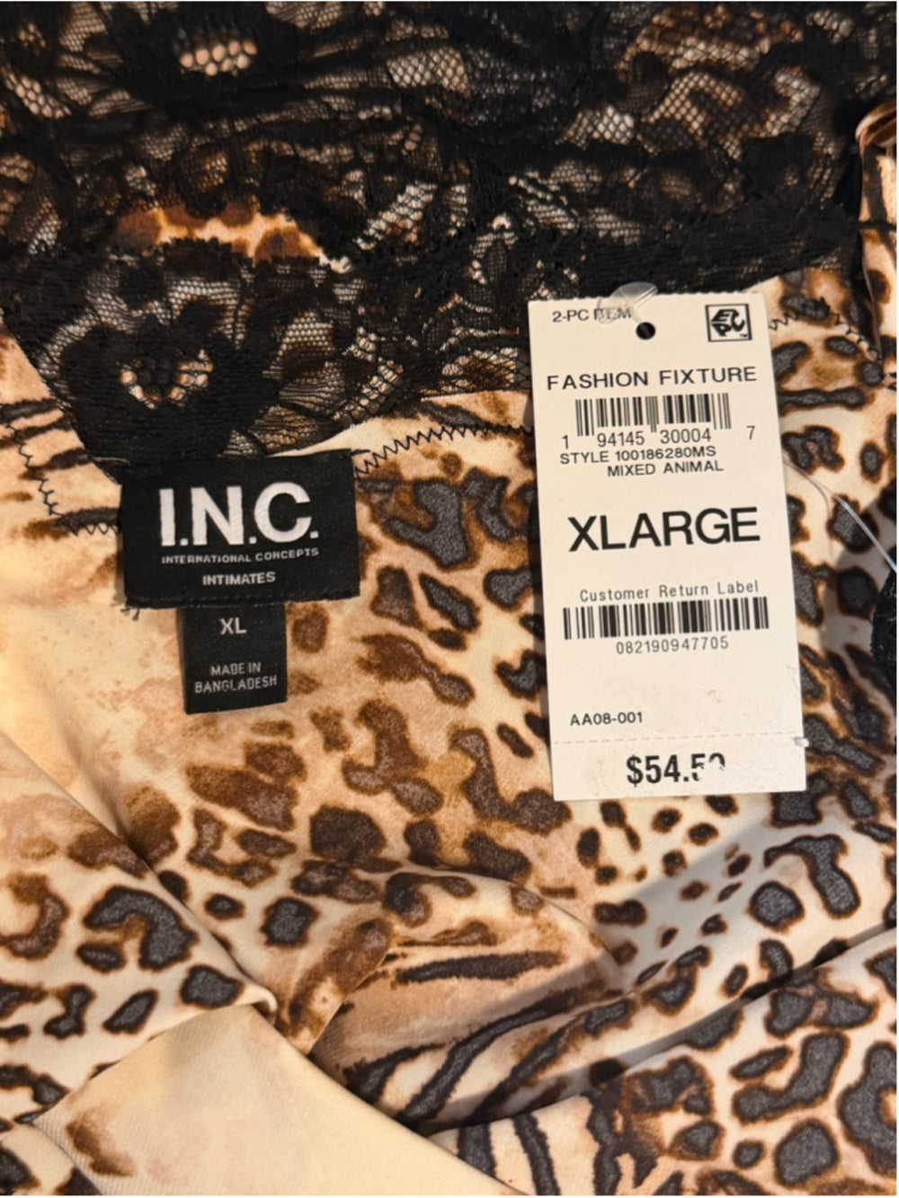 INC International Concepts Size Extra Large Animal Print Lace Pajamas Set NWT
