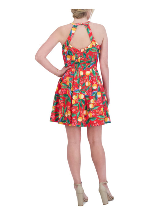 Vince Camuto Size 4 Citrus Print Red Scuba Crepe Halter Sleeveless Dress NWT