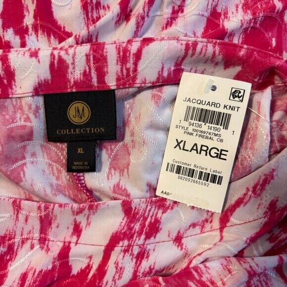 JM Collection Women's XL White & Pink Ikat Floral Jacquard 3/4-Sleeve Top NWT.