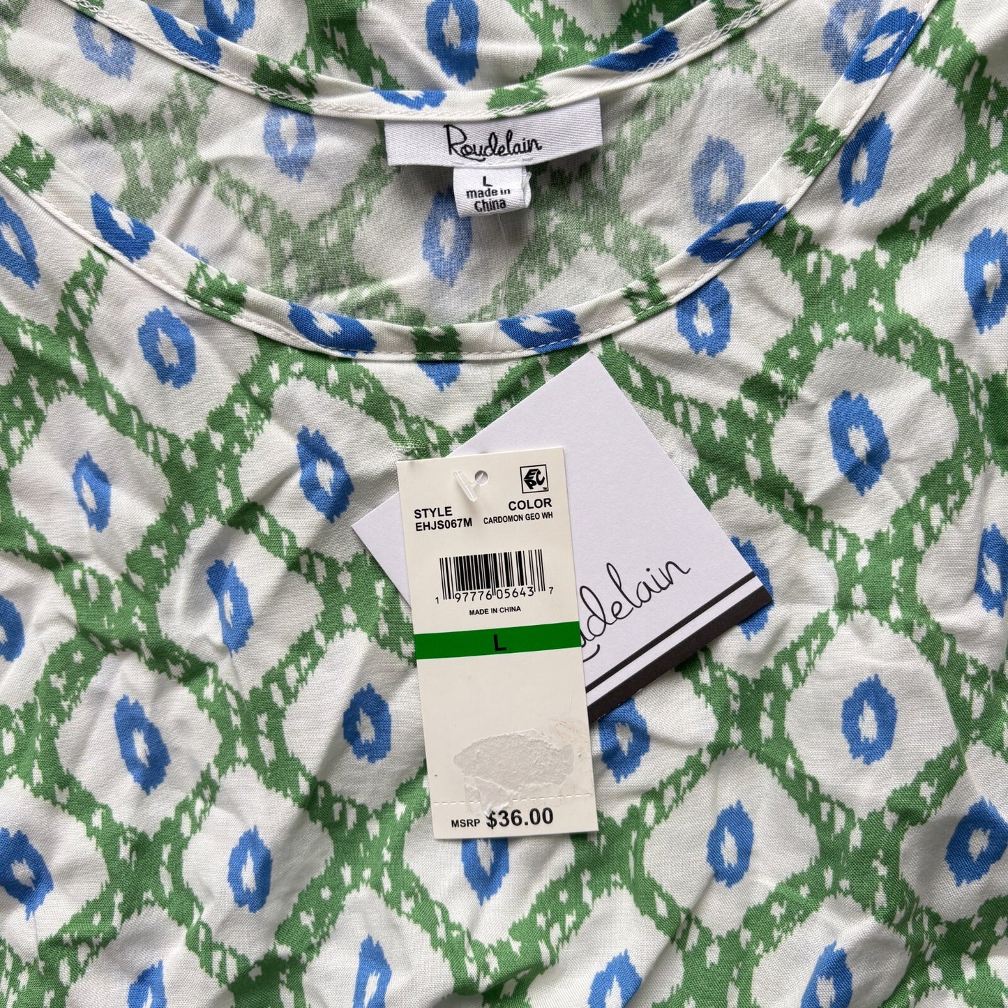 Roudelain Women's White, Green & Blue Printed Tassel-Trim Tank Nightgown NWT