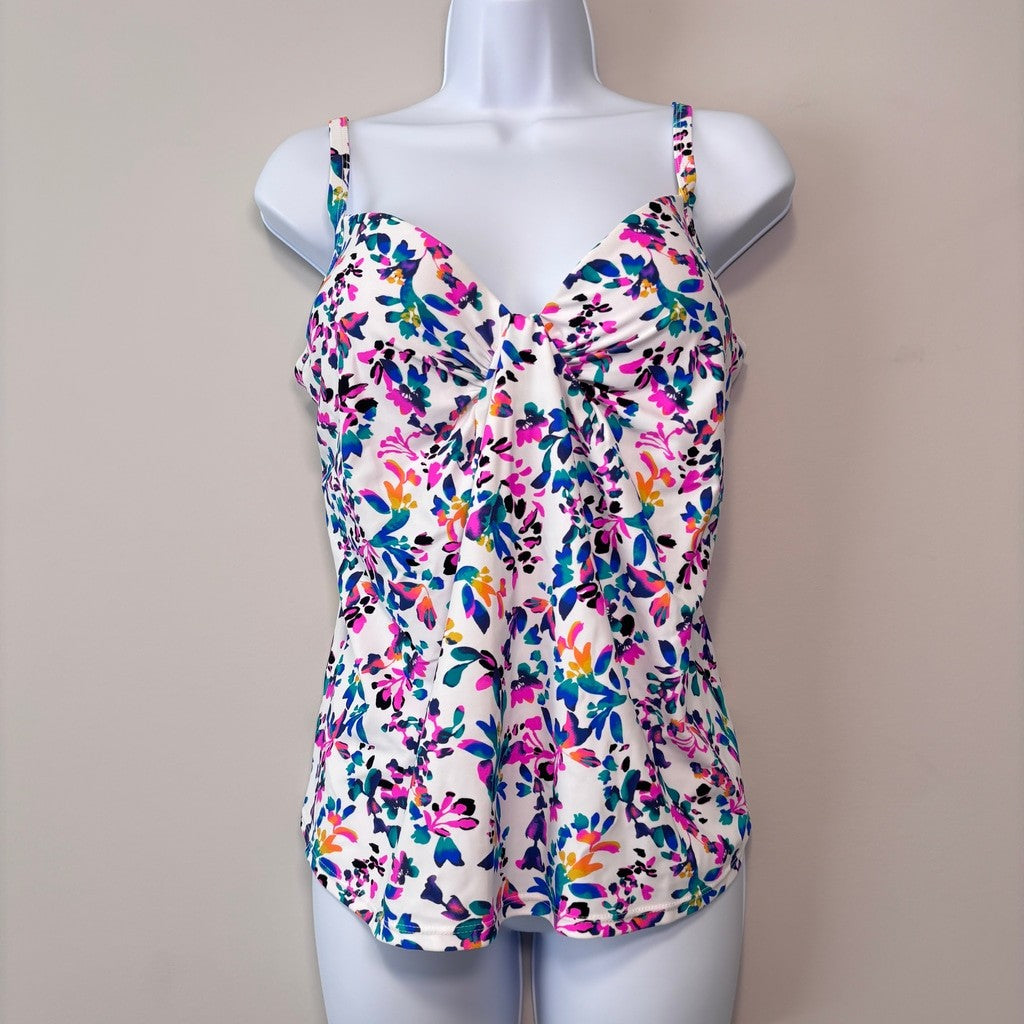 Island Escape Women's Size 8 White Floral Print Twist Front Tankini Top NWT
