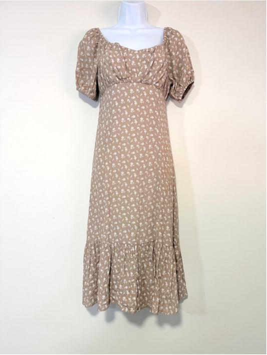 And Now This Extra Extra Small Beige & White Printed Puff-Sleeve Midi Dress NWT