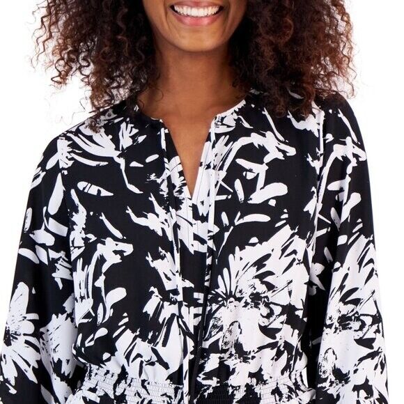 Alfani Petite XL White & Black Printed Smocked Blouson Long-Sleeve Top NWT