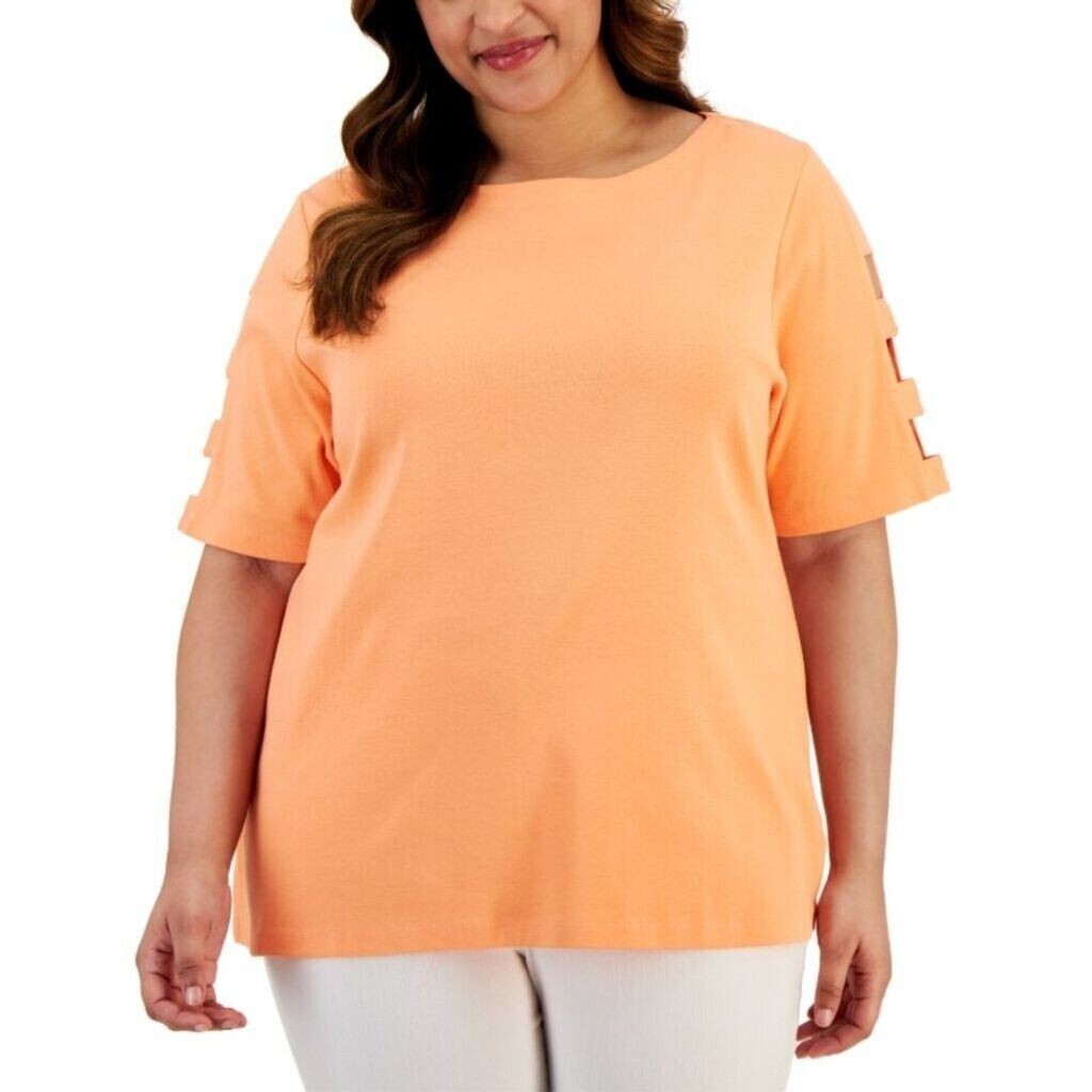 Karen Scott Plus Size Cotton Cutout-Sleeve Orange Top NWT