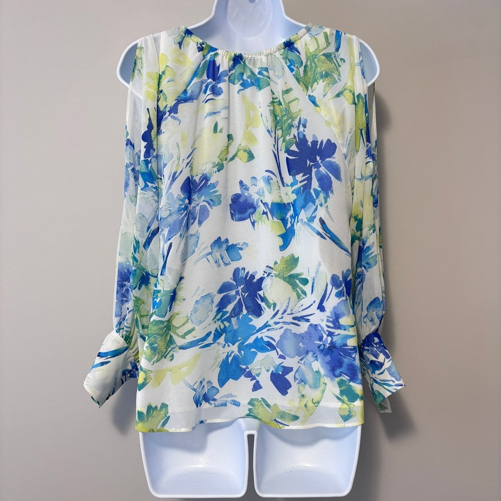 Calvin Klein Women's XS Blue Floral-Print Gathered Cold-Shoulder Blouse NWT
