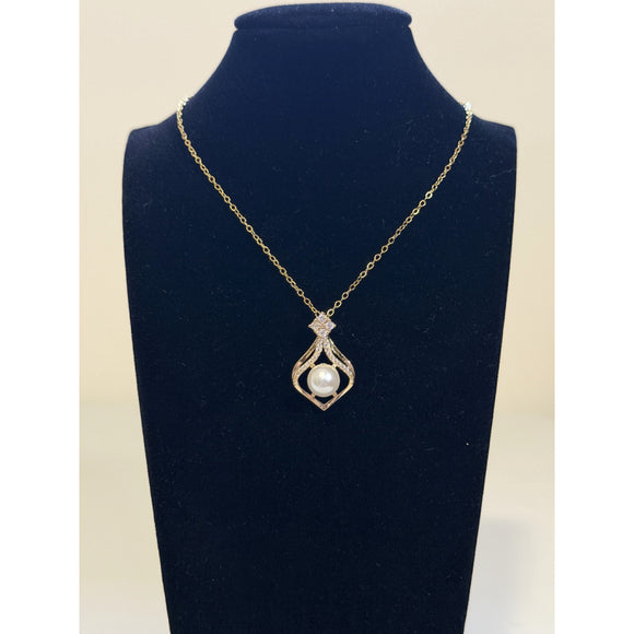 Gold Coloured Necklace with Faux Pearl and Cubic Zirconia Stones NWT